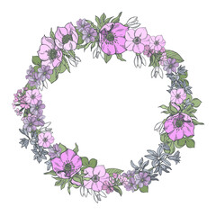 Spring flowers wreath. Sketch  illustration.