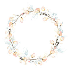 Arrangement frame with blue and pink branches, leaves. Watercolor painted floral wreath.
