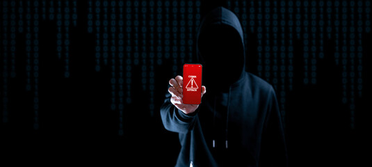 Cyber security hacker smartphone. Internet web hack technology. Digital mobile phone in hacker man hand isolated on black banner. Data protection, secured internet access, cybersecurity.