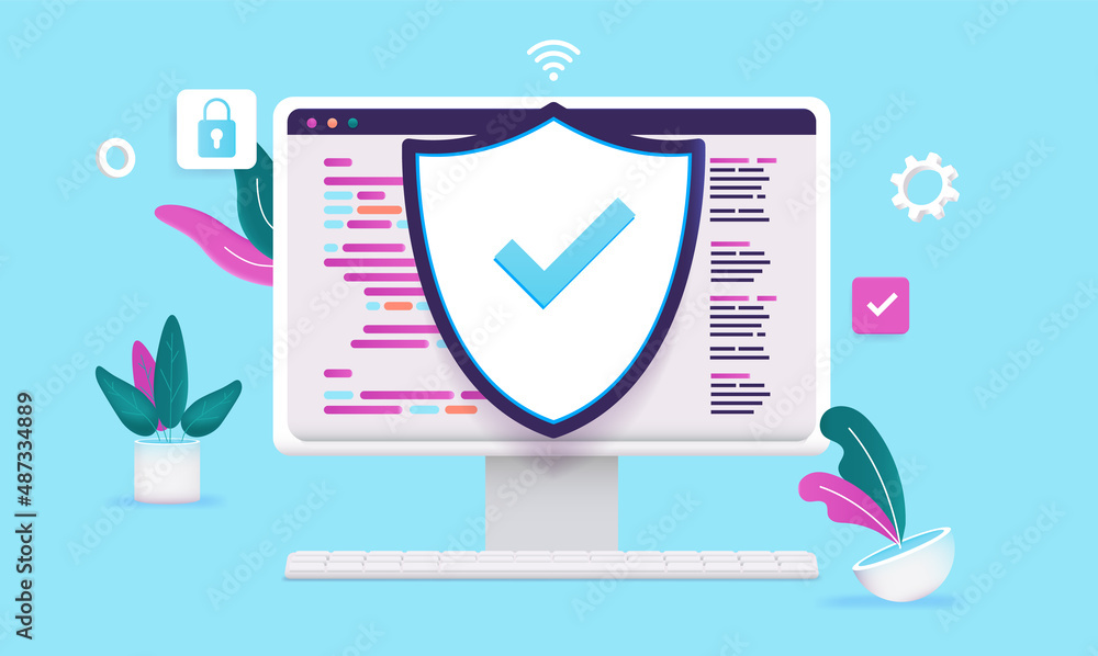 Poster Internet and web security - Desktop computer with code and shield protection symbol. Cartoon style vector illustration