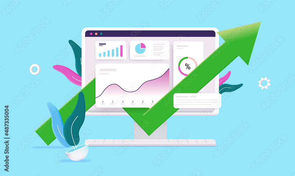Poster data growth - computer screen with positive charts and graphs and green arrow pointing upwards. posi