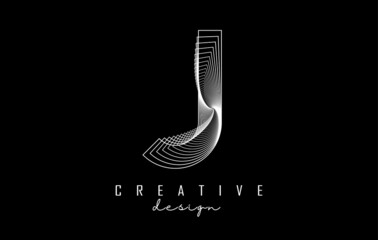 White Letter J logo with lines and spiral effect. Vector illustration with geometric typography.