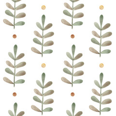 Seamless floral pattern. Stylized green twigs, leaves and circles on a white background, watercolor.