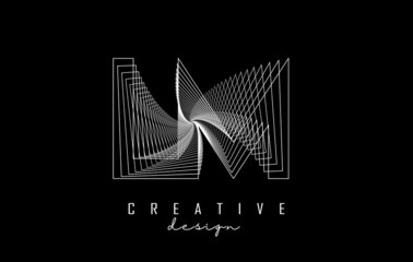 White Letter LM logo with lines and spiral effect. Vector illustration with geometric typography.