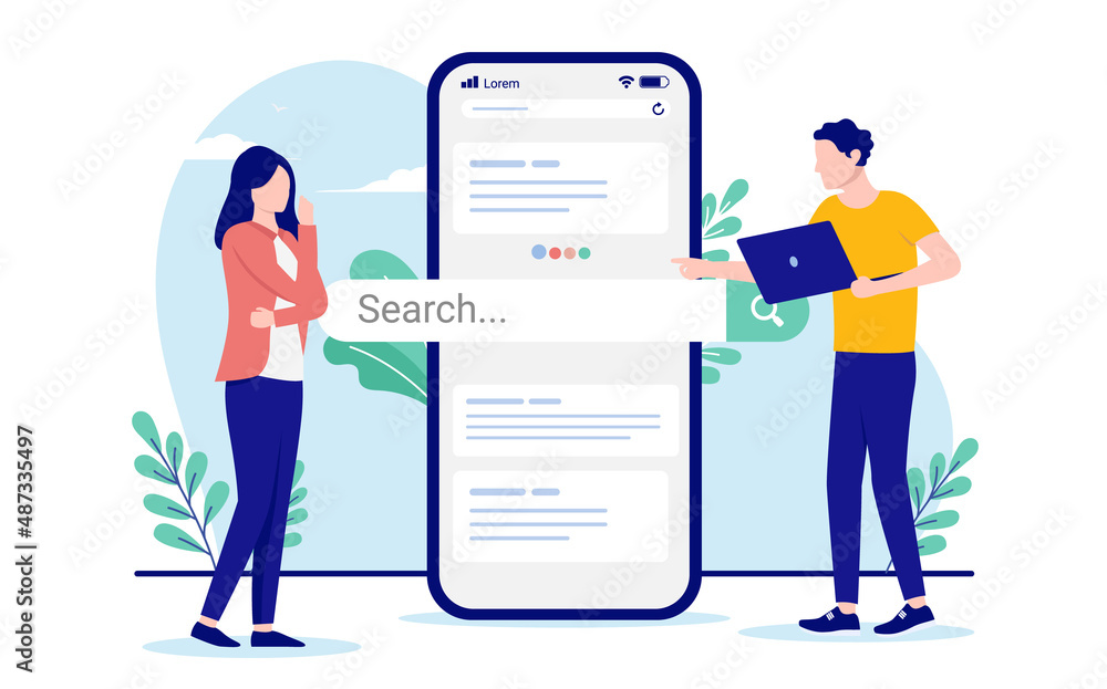 Poster business people web search strategy - man and woman with smartphone and search engine bar. flat desi