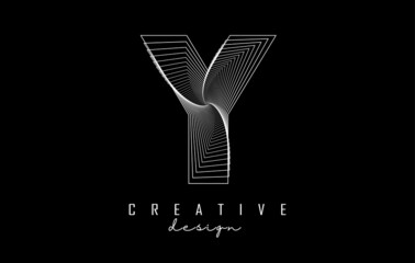 White Letter Y logo with lines and spiral effect. Vector illustration with geometric typography.