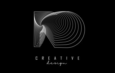 White Letter RO logo with lines and spiral effect. Vector illustration with geometric typography.