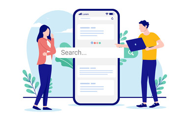 Business people web search strategy - Man and woman with smartphone and search engine bar. Flat design vector illustration on white background - obrazy, fototapety, plakaty