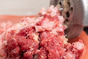 Meat grinder and minced meat falling. Selective focus.