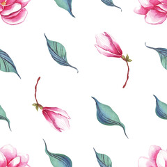 Watercolor magnolia. Seamless pattern. Hand painting