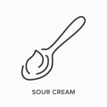 Sour cream flat line icon. Vector outline illustration of yogurt and spoon. Black thin linear pictogram for natural dairy product