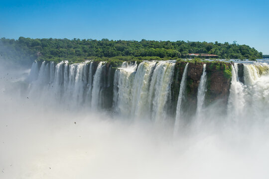 A view of the waterfalls throught the mist at the Iguazu National Park in Puerto Iguazu, Argentina