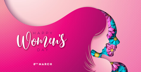 Happy Women's Day Floral Illustration. 8 March International Womens Day Vector Design with Spring Colorful Flower and Young Woman Face Silhouette on Pink Background. Women or Mother Day Theme Template