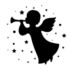 Silhouette Angel With Trumpet Isolated , Vector Illustration