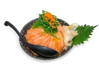 Die cut of salmon don, fresh sashimi, raw salmon, salmon roe , wasabi, on white isolated