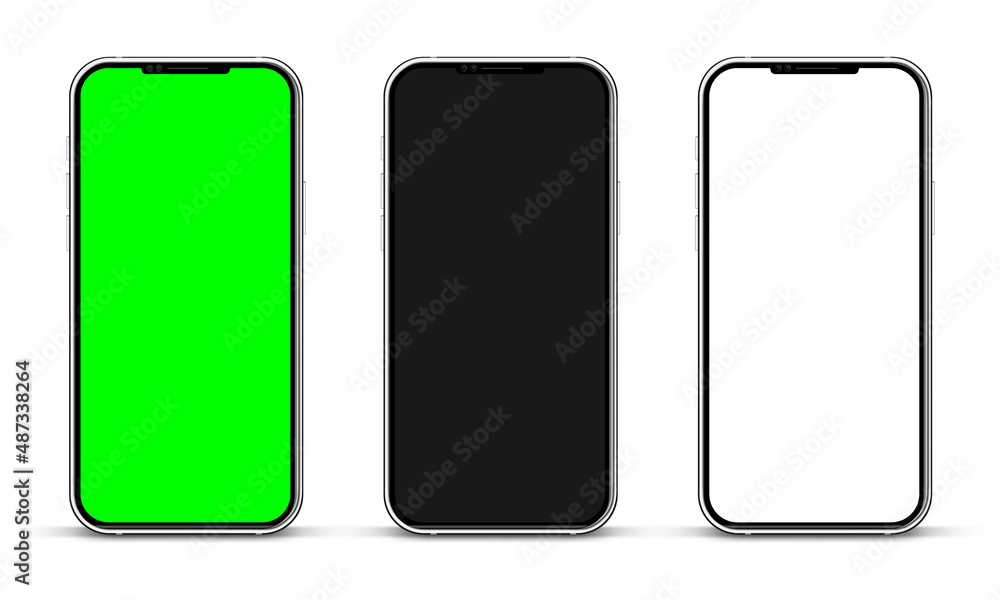 Poster High quality detailed device mockup. Realistic smartphone with blank touch screen and green chroma key background. Frameless mobile phone in front view. Screen backdrop template. Vector illustration.