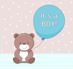 Newborn greeting card for boy with toy bear and balloon