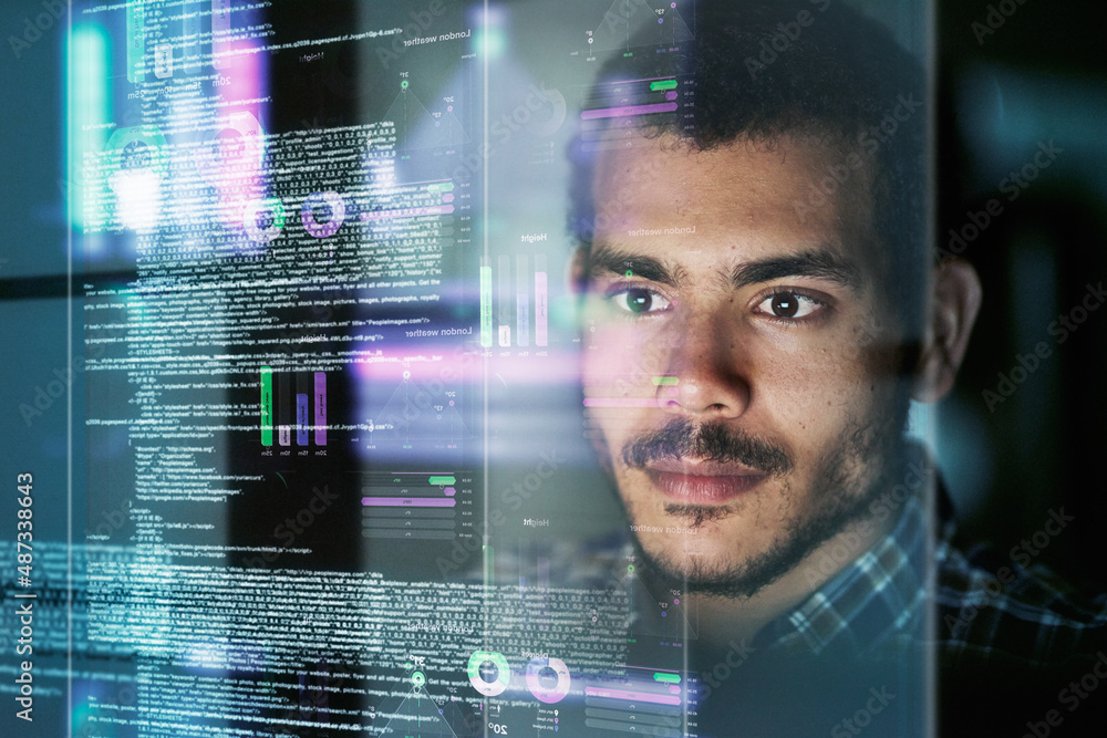Poster Software engineering. Cropped shot of a young computer programmer looking through data.