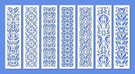 Set of vertical rectangular panels, lattice, bookmark. Decorative elements with a floral pattern. Template for plotter laser cutting of paper, metal engraving, wood carving, cnc. Vector illustration. - obrazy, fototapety, plakaty