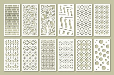 Set of vertical rectangular panels. Stencils, lattices, screens with geometric patterns, floral ornaments, lines. Vector template for plotter laser cutting of paper, metal engraving, wood carving, cnc - obrazy, fototapety, plakaty