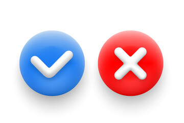 Accept and reject icons in 3d cartoon style. Check mark and cross. Vector illustration.