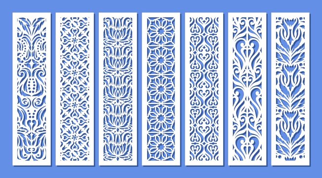 Set of vertical rectangular panels, lattice, bookmark. Decorative elements with a floral pattern. Template for plotter laser cutting of paper, metal engraving, wood carving, cnc. Vector illustration.