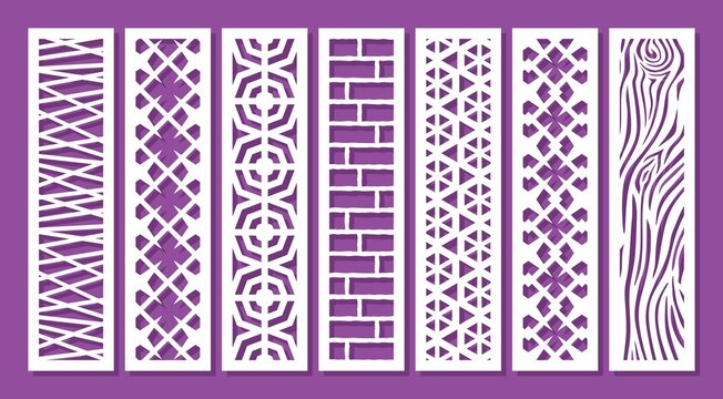 Set of vertical rectangular panels, lattice, bookmark. Decorative elements with a carved pattern. Template for plotter laser cutting of paper, metal engraving, wood carving, cnc. Vector illustration.