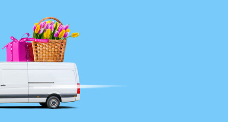Delivery van with tulips and pink parcel on a blue background.