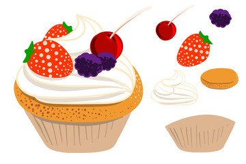 Freehand Drawing Cupcake isolation on white background. Enable to use each elements. Vector illustratiion with layers.