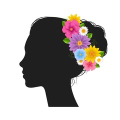Silhouette Portrait Beautiful Profile Of Female Head With Flowers With Gradient Mesh, Vector Illustration