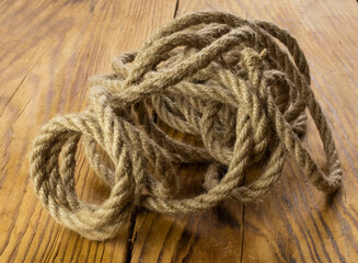 Brown nautical strong rope on the table close-up