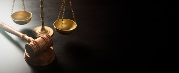Judge's gavel and scale. Law and justice system - obrazy, fototapety, plakaty