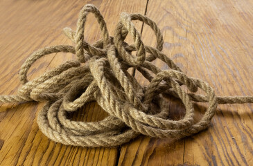 Brown nautical strong rope on the table close-up