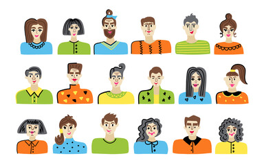 A set of funny painted male and female portraits of avatars in the flat style