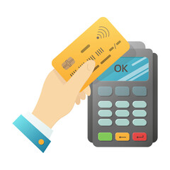 The hand pays with a credit card through the terminal.