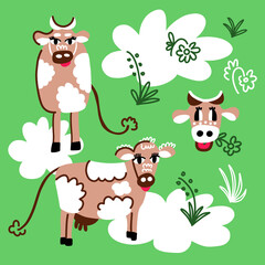 A set of images with funny bulls and a cow, grass, flowers and clouds