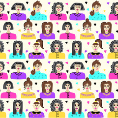 Seamless pattern with the faces of girls with different hairstyles. International Women's Day
