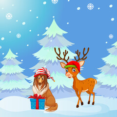 Christmas poster design with a dog and reindeer on snowy background