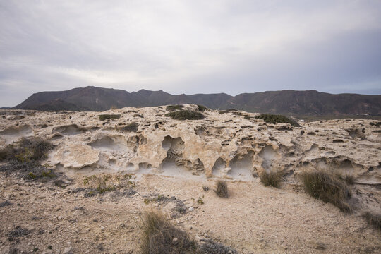 Fossil Dunes, Cabo de Gata, Biosphere Reserve, Los Escullos, Cabo de Gata-Nijar Natural Park, Almeria, Spain, Europe.