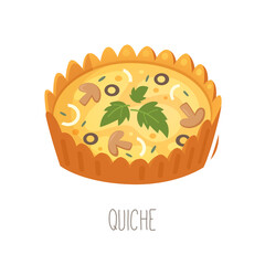 Collection of cakes, pies and desserts for all letters of alphabet. Letter Q - quiche. French tart filled with savoury custard, meat, cheese and vegetables. Isolated vector illustration.