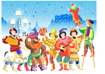 Russian folklore or folk art. Merry carnival is the spring festival of Maslenitsa. Funny buffoons and clowns in fancy costumes dance and play the balalaika, a bear in a hat dances.
