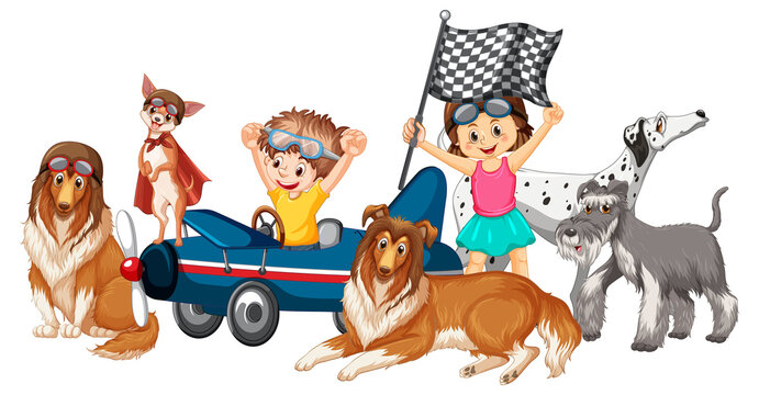 Children playing with their dogs in cartoon style