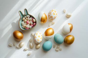Golden and blue Easter eggs on on white background. Holiday concept.  Happy Easter card