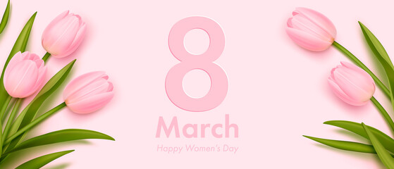 Obraz na płótnie Canvas Women's day banner. 8 march holiday background with realistic tulips. Vector illustration for poster, brochures, booklets, promotional materials, website