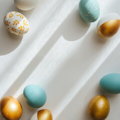 Golden and blue Easter eggs on on white background. Holiday concept.  Happy Easter card with copy space