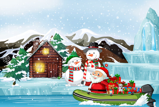 Snowy day with Santa Claus delivering gifts by rowboat