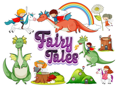Set of dragons and fairy tale cartoon characters