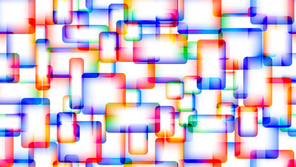 Abstract multicolored seamless pattern of overlapping transparent rectangles with illumination on a white background. Vector illustration.