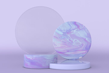 3D geometric minimal shapes on pastel violet background. Empty marble purple podium. Scene with geometrical forms. Empty showcase, cosmetic product presentation. 3d render.