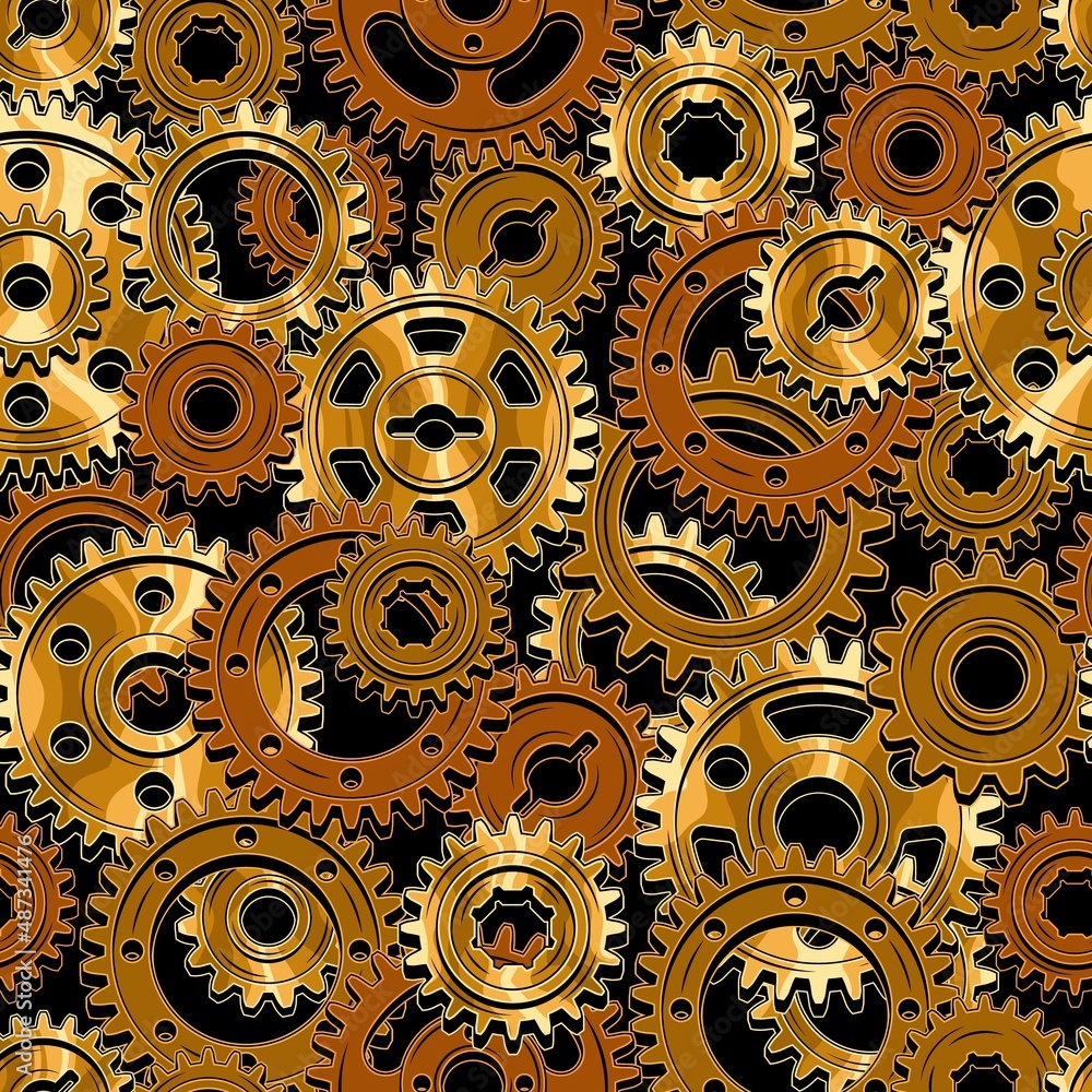 Poster seamless mechanical pattern with rusty and polished gold machine gears on a black background. dense 